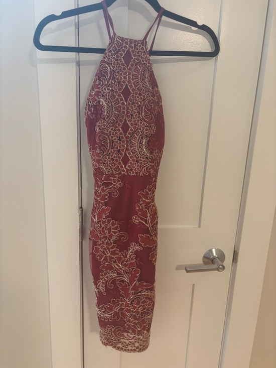 Dresses & Skirts - Embroidered Halter Neck Bodycon Dress - Burgundy